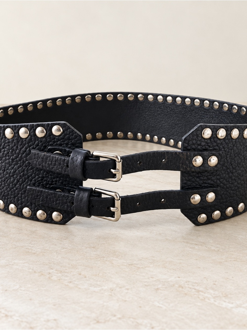Black Leather Studded Wide Waist Belt Double Buckle